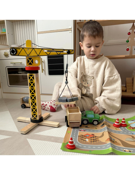 WOOPIE GREEN Drewniany Plac Budowy 5w1 Ruchomy Dźwig XXL Pojazdy Budowlane 13 el.