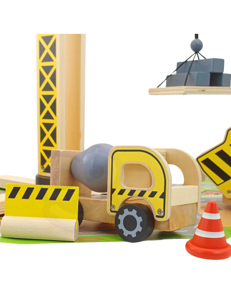 WOOPIE GREEN Drewniany Plac Budowy 5w1 Ruchomy Dźwig XXL Pojazdy Budowlane 13 el.