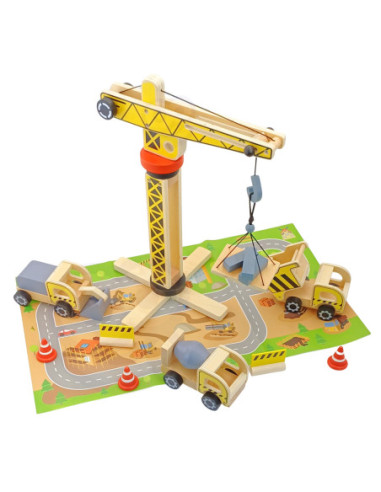 WOOPIE GREEN Drewniany Plac Budowy 5w1 Ruchomy Dźwig XXL Pojazdy Budowlane 13 el.