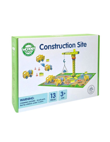 WOOPIE GREEN Drewniany Plac Budowy 5w1 Ruchomy Dźwig XXL Pojazdy Budowlane 13 el.