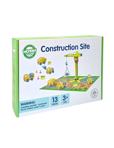 WOOPIE GREEN Drewniany Plac Budowy 5w1 Ruchomy Dźwig XXL Pojazdy Budowlane 13 el.