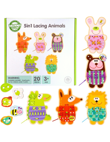 WOOPIE GREEN Edukacyjna Drewniana Sznurowanka Zwierzątka do Nawlekania