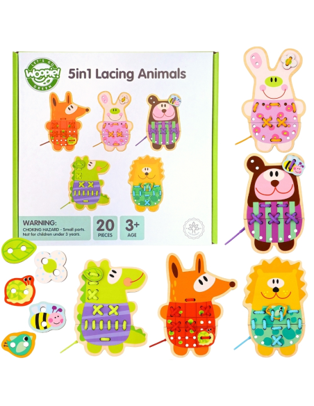 WOOPIE GREEN Edukacyjna Drewniana Sznurowanka Zwierzątka do Nawlekania