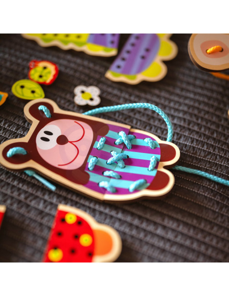 WOOPIE GREEN Edukacyjna Drewniana Sznurowanka Zwierzątka do Nawlekania