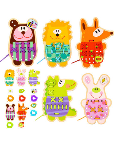 WOOPIE GREEN Edukacyjna Drewniana Sznurowanka Zwierzątka do Nawlekania