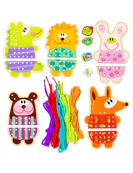 WOOPIE GREEN Edukacyjna Drewniana Sznurowanka Zwierzątka do Nawlekania