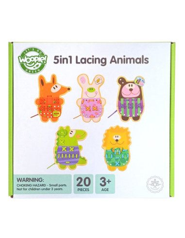 WOOPIE GREEN Edukacyjna Drewniana Sznurowanka Zwierzątka do Nawlekania