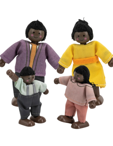 VIGA Zestaw Drewnianych Laleczek Materiałowe Ubranka 4 szt Ciemnoskóre