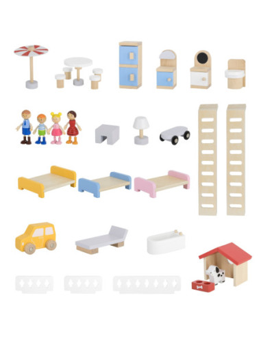 VIGA Zestaw Drewniany Domek dla Lalek z Laleczkami i Akcesoriami