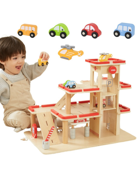 VIGA Drewniany Parking dla Samochodzików z Windą 4 Autka Helikopter