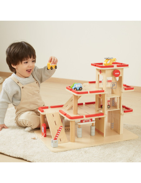 VIGA Drewniany Parking dla Samochodzików z Windą 4 Autka Helikopter