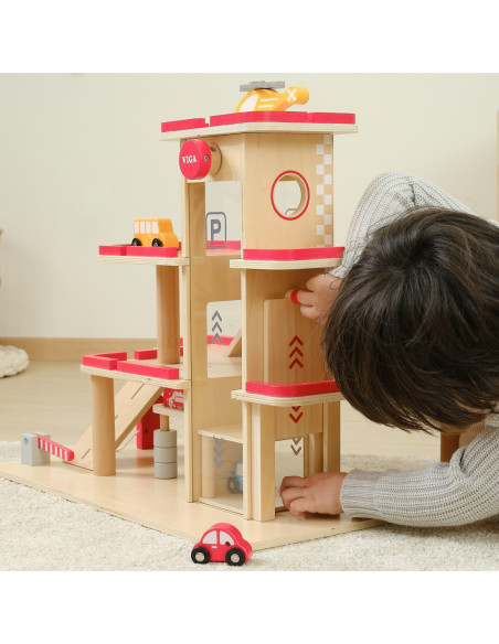 VIGA Drewniany Parking dla Samochodzików z Windą 4 Autka Helikopter