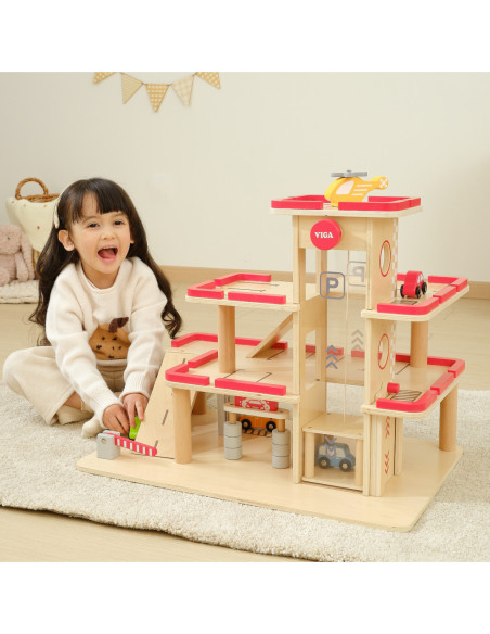 VIGA Drewniany Parking dla Samochodzików z Windą 4 Autka Helikopter