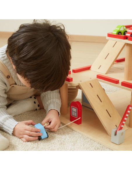 VIGA Drewniany Parking dla Samochodzików z Windą 4 Autka Helikopter