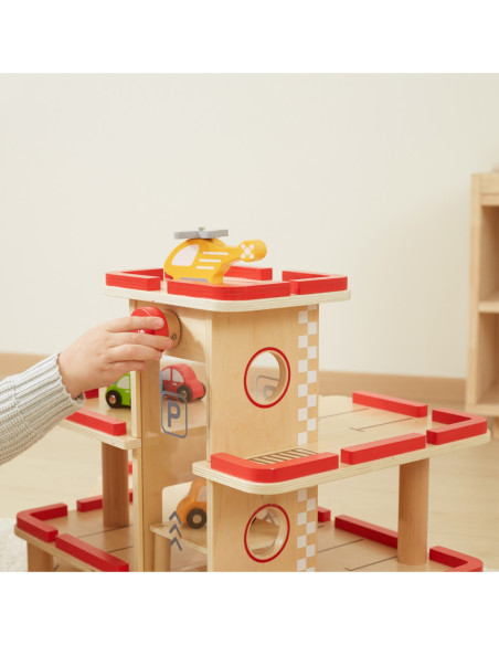 VIGA Drewniany Parking dla Samochodzików z Windą 4 Autka Helikopter