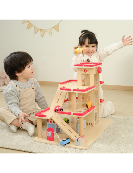 VIGA Drewniany Parking dla Samochodzików z Windą 4 Autka Helikopter