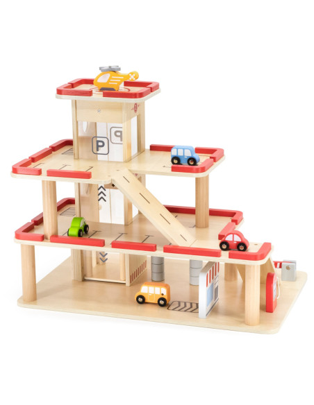 VIGA Drewniany Parking dla Samochodzików z Windą 4 Autka Helikopter