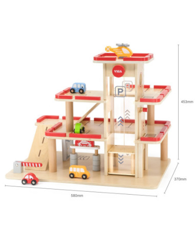 VIGA Drewniany Parking dla Samochodzików z Windą 4 Autka Helikopter