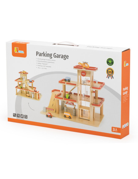 VIGA Drewniany Parking dla Samochodzików z Windą 4 Autka Helikopter