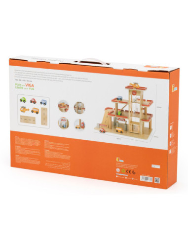 VIGA Drewniany Parking dla Samochodzików z Windą 4 Autka Helikopter