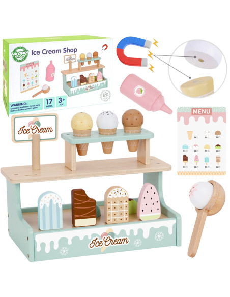 WOOPIE GREEN Drewniana Lodziarnia Zestaw z Lodami Stragan 16 EL