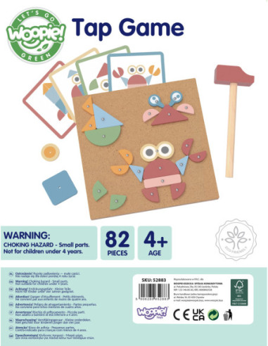 WOOPIE GREEN Drewniana Przybijanka z Młotkiem Układanka 20 wzorów 82 el.