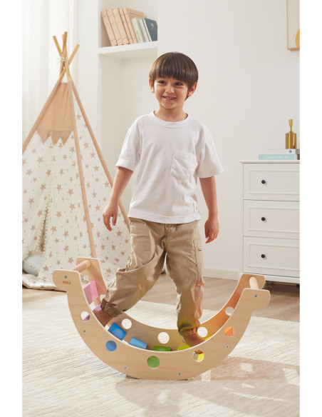 VIGA Drewniany Bujak Mostek 2w1 Huśtawka Montessori Tęczowa