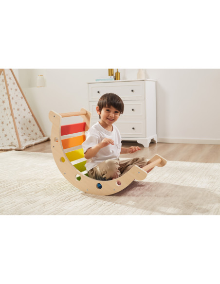 VIGA Drewniany Bujak Mostek 2w1 Huśtawka Montessori Tęczowa