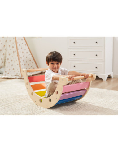 VIGA Drewniany Bujak Mostek 2w1 Huśtawka Montessori Tęczowa