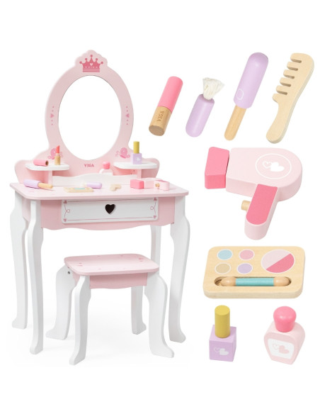 VIGA Duża Toaletka Drewniana Biało-Różowa z Lustrem i Krzesełkiem