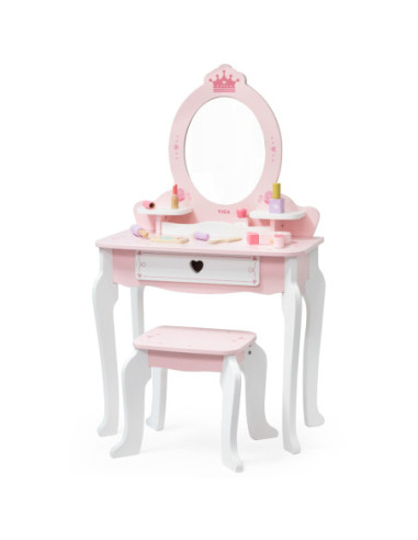 VIGA Duża Toaletka Drewniana Biało-Różowa z Lustrem i Krzesełkiem