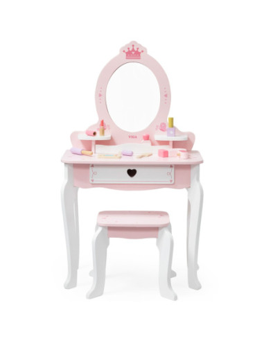 VIGA Duża Toaletka Drewniana Biało-Różowa z Lustrem i Krzesełkiem