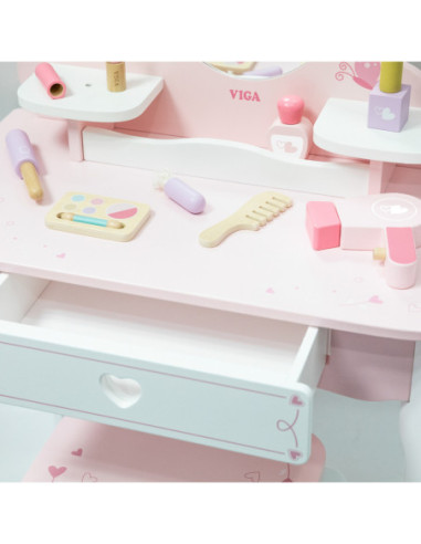 VIGA Duża Toaletka Drewniana Biało-Różowa z Lustrem i Krzesełkiem