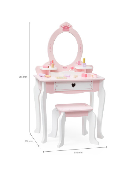 VIGA Duża Toaletka Drewniana Biało-Różowa z Lustrem i Krzesełkiem