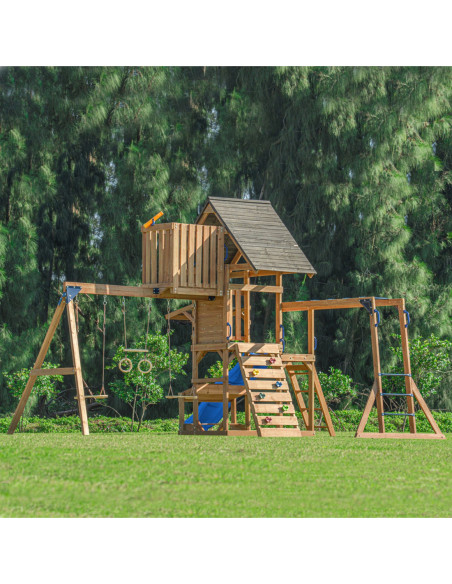 AXI Mitch - Duży Plac Zabaw Drewniany Zjeżdżalnia Hustawki Ścianka Wspinaczkowa + Wieża