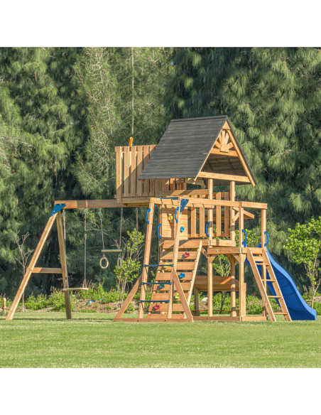 AXI Mitch - Duży Plac Zabaw Drewniany Zjeżdżalnia Hustawki Ścianka Wspinaczkowa + Wieża
