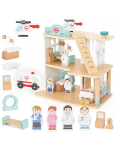 VIGA Wooden Hospital with Ambulance and Elevator Set of 15 pieces