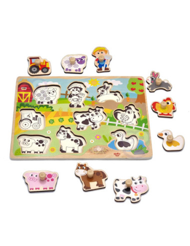 WOOPIE GREEN Drewniane Puzzle Montessori Farma z Pinezkami Do Dopasowania
