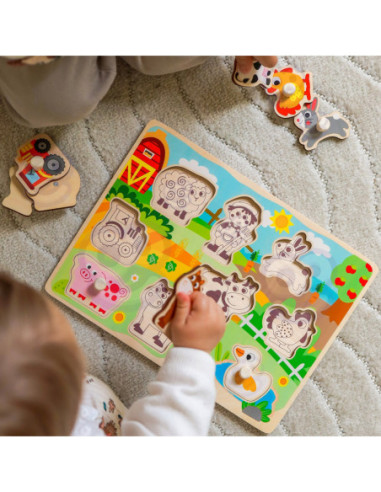WOOPIE GREEN Drewniane Puzzle Montessori Farma z Pinezkami Do Dopasowania