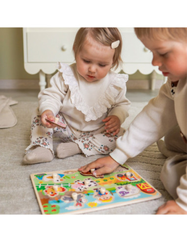 WOOPIE GREEN Drewniane Puzzle Montessori Farma z Pinezkami Do Dopasowania