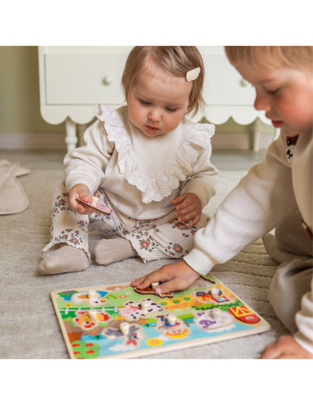 WOOPIE GREEN Drewniane Puzzle Montessori Farma z Pinezkami Do Dopasowania