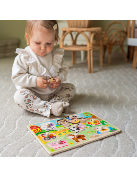 WOOPIE GREEN Drewniane Puzzle Montessori Farma z Pinezkami Do Dopasowania