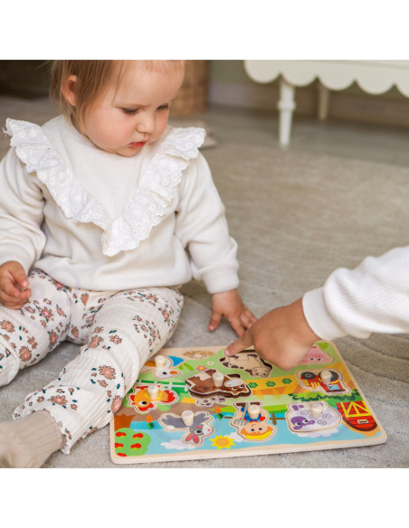WOOPIE GREEN Drewniane Puzzle Montessori Farma z Pinezkami Do Dopasowania