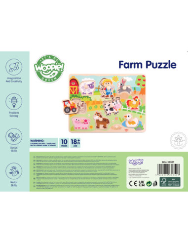 WOOPIE GREEN Drewniane Puzzle Montessori Farma z Pinezkami Do Dopasowania