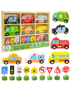 WOOPIE GREEN Zestaw Drewnianych Pojazdów i Znaków Drogowych