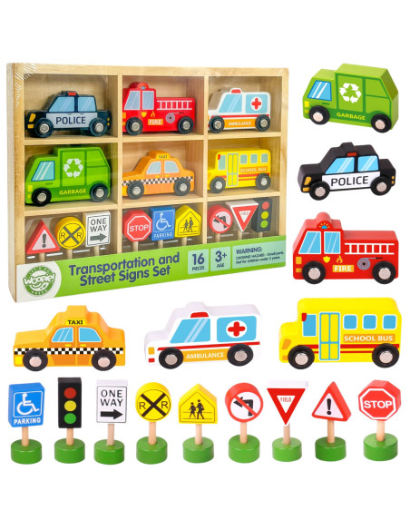 WOOPIE GREEN Zestaw Drewnianych Pojazdów i Znaków Drogowych