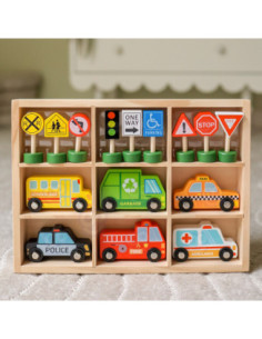 WOOPIE GREEN Zestaw Drewnianych Pojazdów i Znaków Drogowych 2