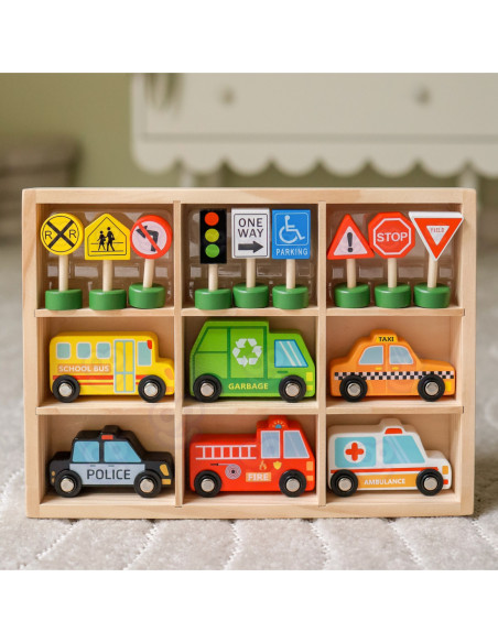 WOOPIE GREEN Zestaw Drewnianych Pojazdów i Znaków Drogowych