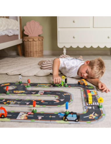 WOOPIE GREEN Zestaw Drewnianych Pojazdów i Znaków Drogowych