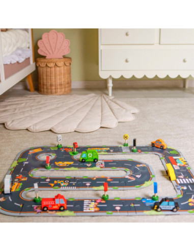 WOOPIE GREEN Zestaw Drewnianych Pojazdów i Znaków Drogowych